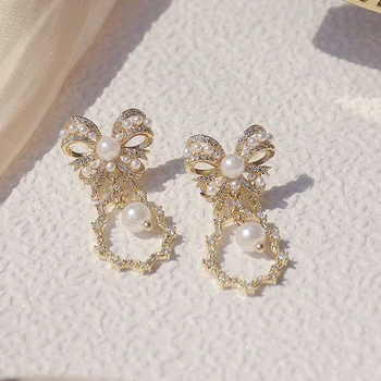 Korėjos karšto bižuterijos 14 KARATŲ tikru auksu padengtą variu inkrustacijos AAA cirkonis auskarai elegantiškas lankas moterų vestuves auskarai