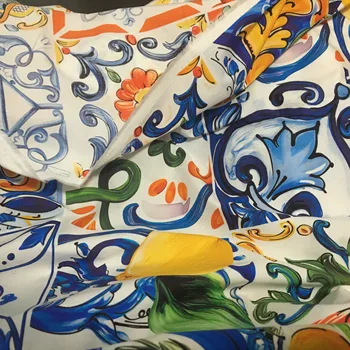 100X145cm Mados Sicilijos Mėlynos ir baltos spalvos porceliano Citrinų Spausdinti Medvilnės Audinio Moters Vasaros Suknelė, Palaidinė 