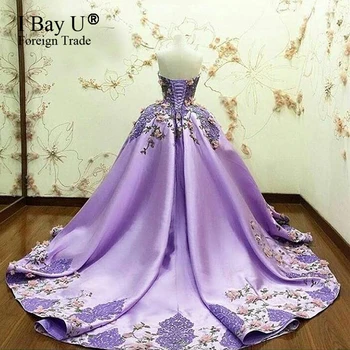 2021 arabų Derliaus Musulmonų Dalyvavimą Vestuvių Suknelės Brangioji Violetinę Satino, 3D Gėlės Appliques arabų Kamuolys Suknelė Suknelė