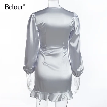 Bclout Mados Raišteliu Juoda Mini Suknelė Satino Tuščiaviduriai Iš Seksualių Moterų Suknelės, Elegantiškas Šilko Raukiniai Rudenį Lady 2021 Vestido