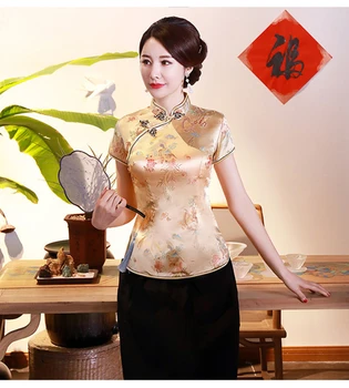 Cheongsam moterų Longfeng Trumpas Rankovės Tango Shirt Marškinėliai Topai Restoranas Paslauga viršuje Kinų Stiliaus Kinijos Qipao Etiketo Viršuje XL
