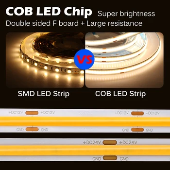 COB LED Šviesos Juostelės 320 384 528 Led Didelio Tankio Super Šviesus Lankstus COB LED Žibintai, DC12V 24V Šiltas/Natūrali Balta LED Juosta 5M