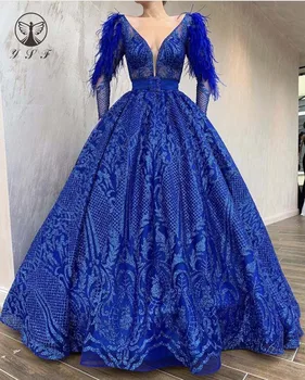 Dizaineris Giliai V-Kaklo, Ilgomis Rankovėmis Plunksnų Blizgučiai Bling Bling Audinio Royal Blue Kamuolys Suknelė Prom Dresses