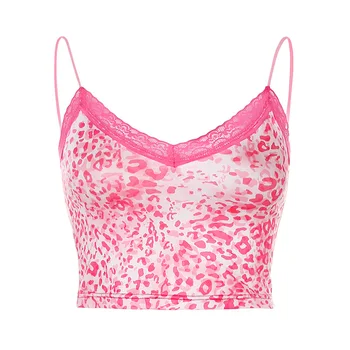 E-girl Y2K Mielas Nėrinių Cami Top Pink Leopard Print Moterų Mados Spageti Dirželis Backless 2020 Metų Vasaros Apkarpyti Viršūnes Moterų Drabužiai