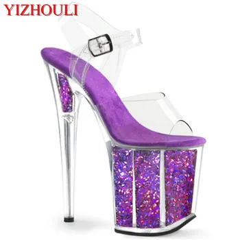 Etapų modelį mokymo seksualus, skaidrus, violetinė blizgančiais 20 cm stiletto kulniukai, 8 colių, naktinis klubas stiletto sandalai
