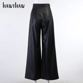 Hawthaw Moteris Rudens-Žiemos Pločio Kojų Aukšto Juosmens Pu Odos Soild Spalva Laisvi Juodas Ilgas Kelnes 2020 M. Rudenį Drabužių Streetwear