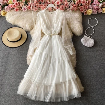 Jaunų Na balta nėrinių suknelė moterims saldus akių ilgomis rankovėmis v-kaklo, gėlių rožinės spalvos elegantiškas nereguliarus multilayers puošnios suknelės diržas