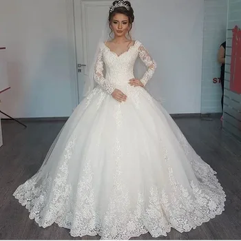 Naujas Romantiškas V-kaklo Elegantiškas Princesė Prabangių Vestuvių Suknelė 2019 Karšto ilgomis Rankovėmis Appliques Įžymybė Kamuolys Suknelė vestido De Noiva