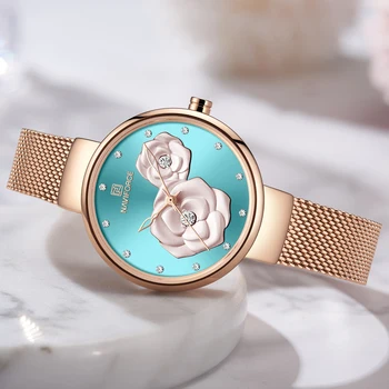 NAVIFORCE Prabanga Rosegold Moterų Laikrodžiai 3D Gėlių Laikrodis Kvarcinis Žiūrėti Lady Mados Suknelė Laikrodį Moterų Vandeniui Laikrodžiai