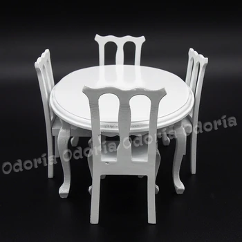 Odoria 1:12 Miniatiūrinės Medinės Balta Valgomasis Stalas ir 4 Kėdės, Virtuvės Baldų Komplektas Lėlių Priedai