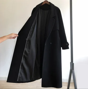Plius dydis 3XL!Žiemos moterų vilnos švarkas naujas mados vidutinio ilgio prarasti vilnonis kailis juodas slim ilgomis rankovėmis viršutinių drabužių siuvimas