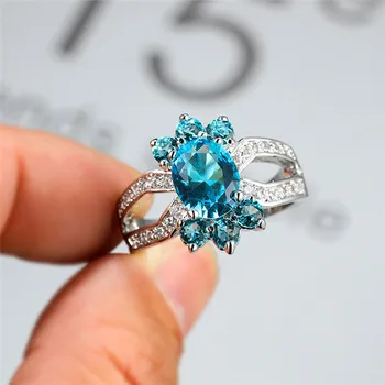 Prabanga Moterų Aqua Blue Crystal Žiedą Mados Klasikinis Sidabro Spalvos Vestuvių Žiedai Moterims Mielas Ovalo Formos, Tuščiaviduriai Didelis Vestuvinis Žiedas