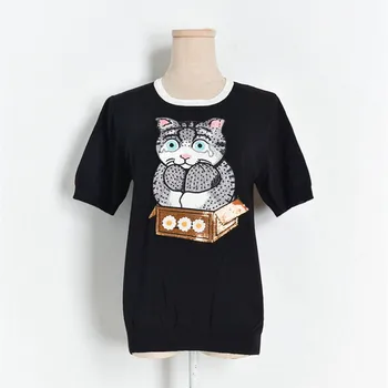 Prabangos Prekės ženklo Dizaineris Megztų Megztinių Moterims, O Kaklo Aplikacijos Blizgančiais Daisy Animaciją Kačių Megztas Megztinis