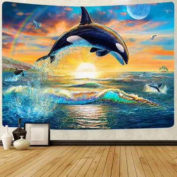 Simsant Vandenyno Delfinų Gobelenas Saulėlydžio Jūros Bangų Meno Sienos Kabo Gobelenai Gyvenimo Kambario, Miegamasis Bendrabučio Namų Dekoro Antklodė
