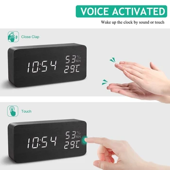 Skaitmeninis Laikrodis-Žadintuvas Balso Kontrolės LED Drėgmė, Temperatūra, Medinės Skaitmeninis Stalo Laikrodžiai Namų Miegamajame Stalinis Laikrodis Apdaila