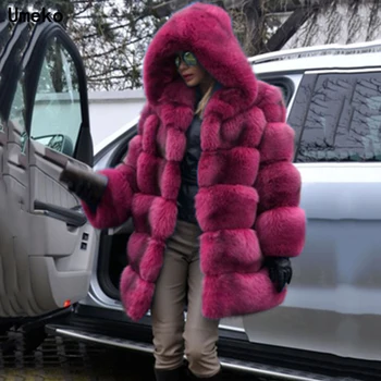 Umeko 2019 Elegantiškas Dirbtiniais Lapės Kailiniai Paltai Moterims Žiemos Mados Vidutinio Ilgio Dirbtinis Fox Fur Coat Lady Šiltas Netikrą Lapės Kailinius Moteris