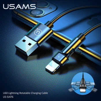 USAMS 180 Laipsnių Pasukti USB C Kabelio 2.1 Greito Įkrovimo Laido Žaibus Laido iPhone Mini12 Pro Max X C Tipo Kabelis Xiaomi 10